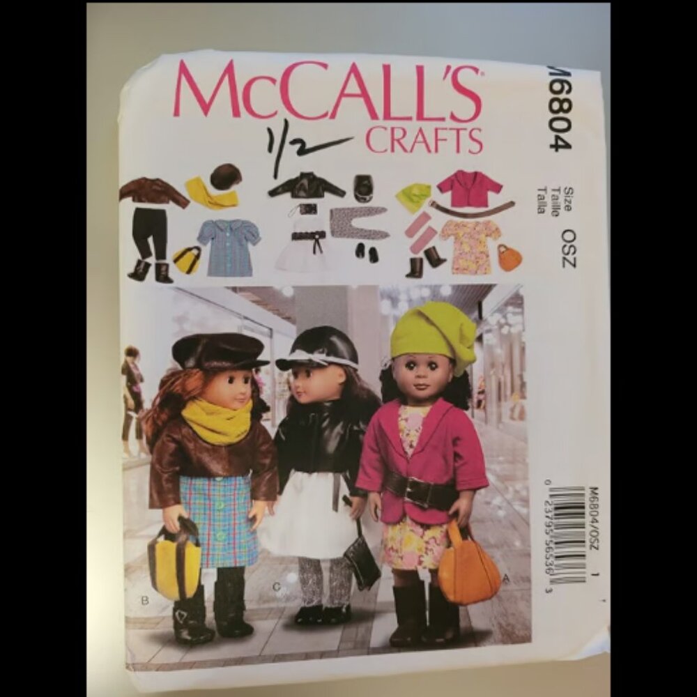 McCalls M6804 18 Inch Doll Clothes Dress Purse Coat Boots Hat Belt Leggings